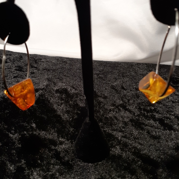 Genuine Amber and Silver Hoop Earrings - Picture 2 of 2